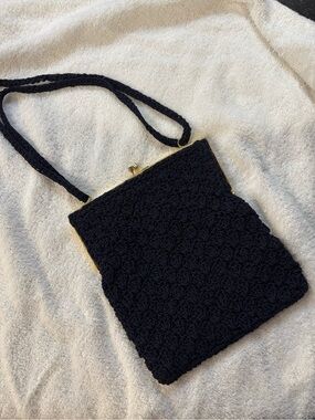 Woven Black Evening hand Bag vintage made in Hong Kong marked w/ initials “ADG”